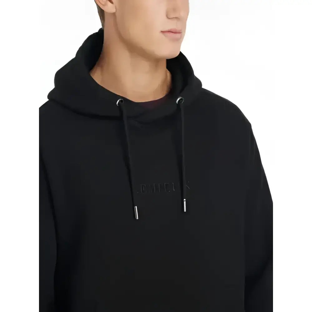 Black lemieux mens hoodie with drawstrings and subtle embroidered branding perfect for casual wear