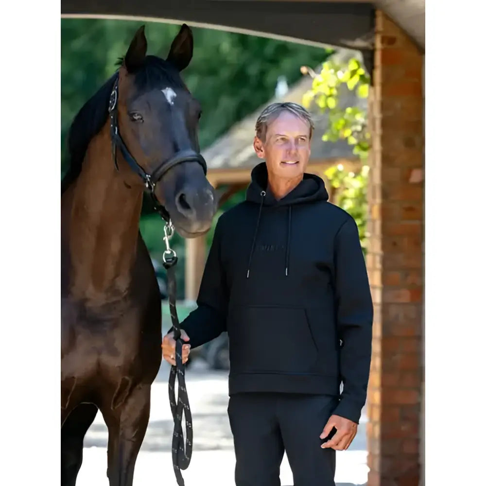 Black lemieux mens hoodie with drawstring hood and front pocket perfect for casual wear