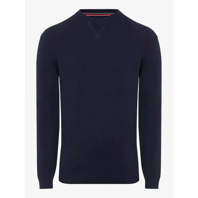 Navy blue lemieux mens jumper crew neck sweater with subtle ribbed collar made from super soft blend for chiller days