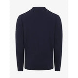 Lemieux mens knitted round neck jumper navy with long sleeves and subtle logo on left sleeve in dark navy color