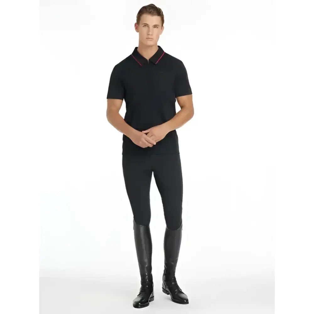 Lemieux mens performance black polo with short sleeves and subtle red trim on collar and placket for active wear