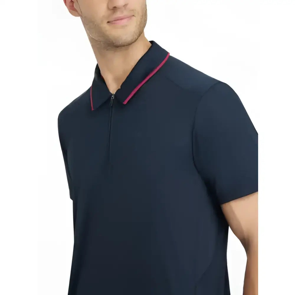 Navy blue lemieux mens performance polo with magenta trim on collar and zipper line for active wear