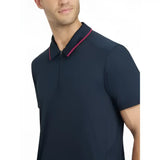Navy blue lemieux mens performance polo with magenta trim on collar and zipper line for active wear