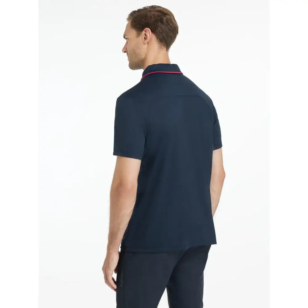 Navy blue lemieux mens performance polo with short sleeves and pink trim on collar perfect for active wear