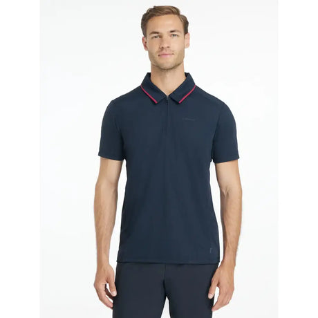 Navy blue lemieux mens performance polo with pink collar trim and subtle chest logo perfect for active wear