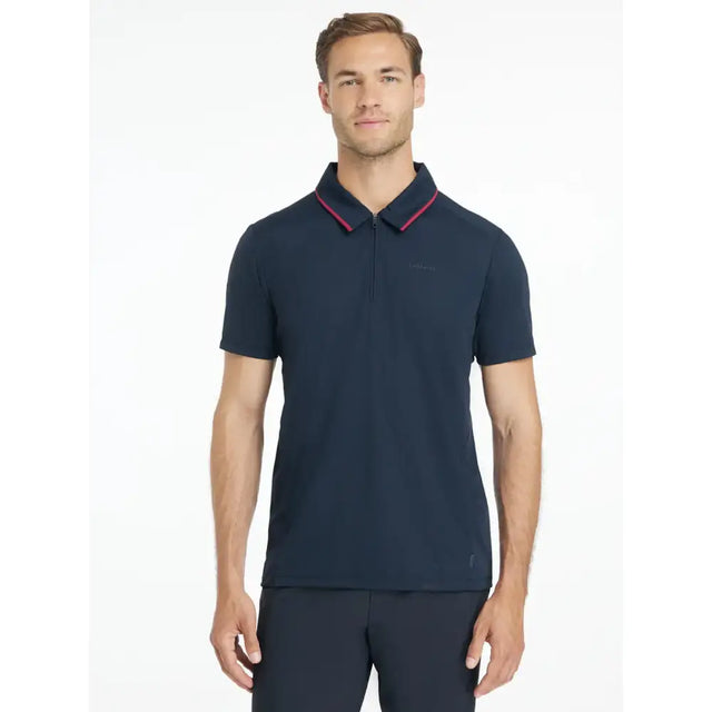 Navy blue lemieux mens performance polo with pink collar trim and subtle chest logo perfect for active wear