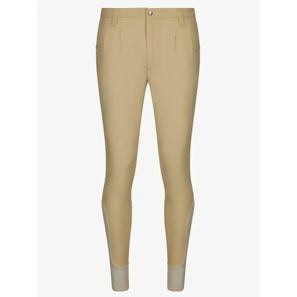 Beige lemieux mens pleated riding pants with tailored fit, subtle front pleats, and grey reinforced lower leg panels