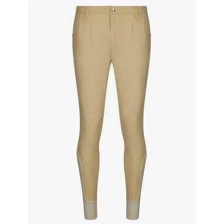 Beige lemieux mens pleated riding pants with tailored fit, subtle front pleats, and grey reinforced lower leg panels