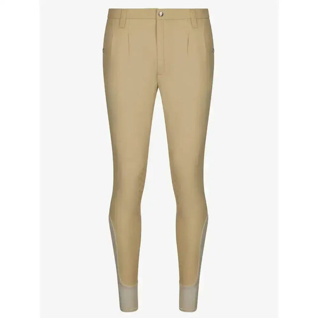 Beige lemieux mens pleated riding pants with tailored fit, subtle front pleats, and grey reinforced lower leg panels