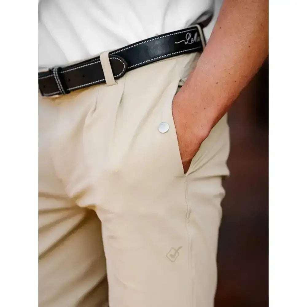 Lemieux mens pleated breeches with a black leather belt featuring white stitching and a subtle cursive logo buckle