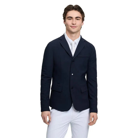 Navy blue lemieux mens show jacket with two front buttons and flap pockets perfect for equestrian events