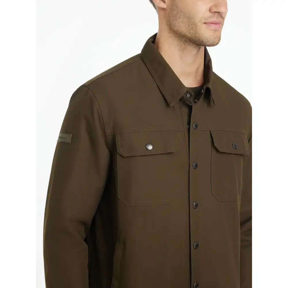 Olive green lemieux mens showerproof button-up shacket with chest pockets and sleeve brand patch alpine style