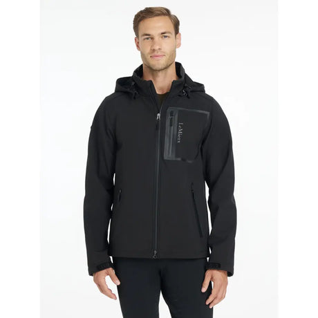 Lemieux mens softshell jacket black with hood zippered front and branded chest pocket water resistant design