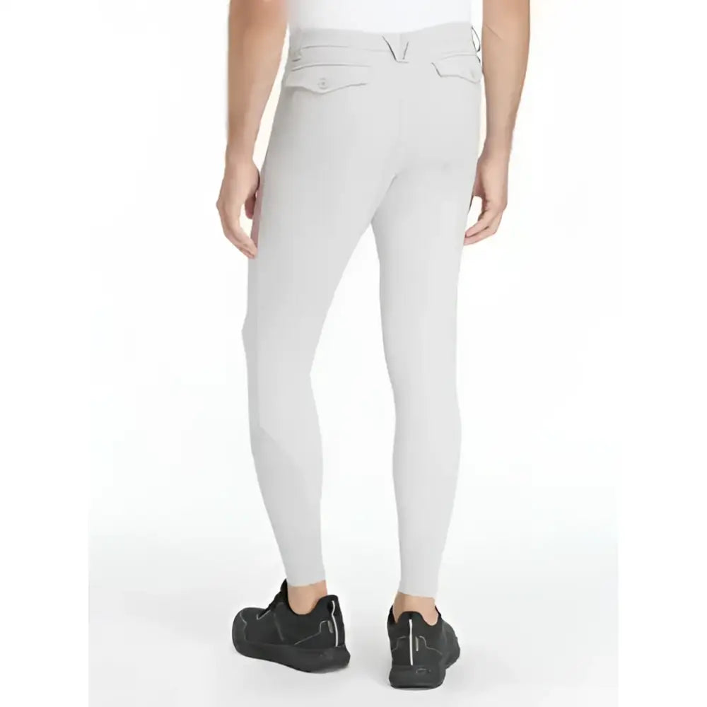 Back view of lemieux mens sports light grey breeches with two back pockets and a v-shaped waist seam