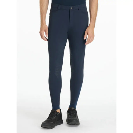 Navy lemieux mens sports breeches with textured thigh panels made for performance riding comfort