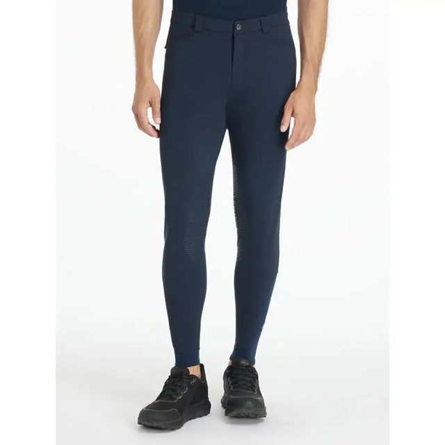 Navy lemieux mens sports breeches with textured thigh panels made for performance riding comfort