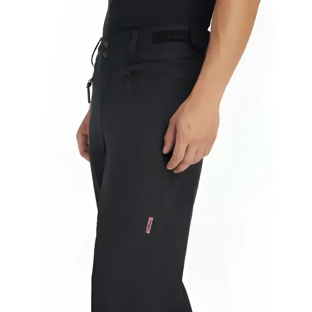 Lemieux mens stormwear black waterproof trousers with durable fabric and subtle pink branding on the thigh