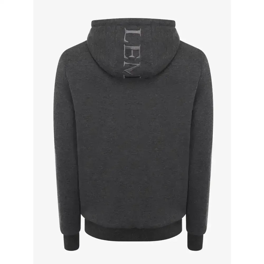 Back view of lemieux men’s zip hoodie in dark gray with levi’s logo on hood made from hardwearing brushed sweat fabric