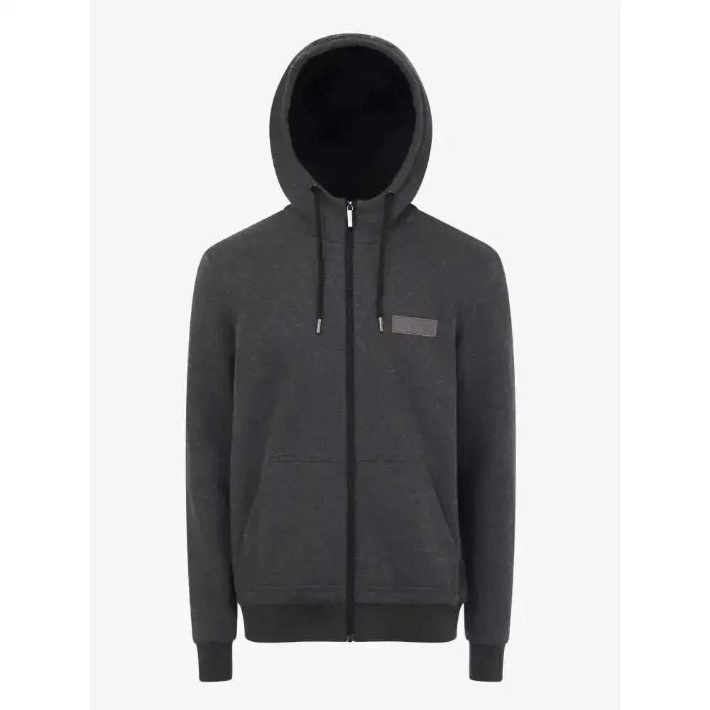 Lemieux mens zip hoodie in dark gray with super soft fleece lining, hardwearing brushed sweat fabric, and chest patch