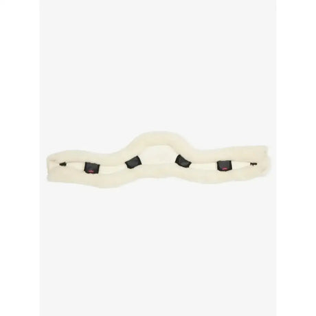 Cream-colored plush faux fur girth cover natural with black buckle accents for anatomic short stud use