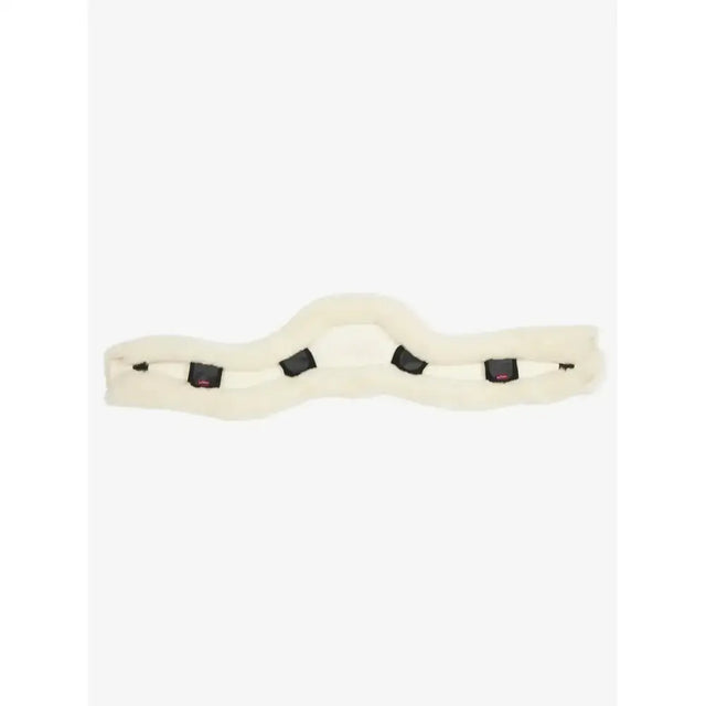 Cream-colored plush faux fur girth cover natural with black buckle accents for anatomic short stud use