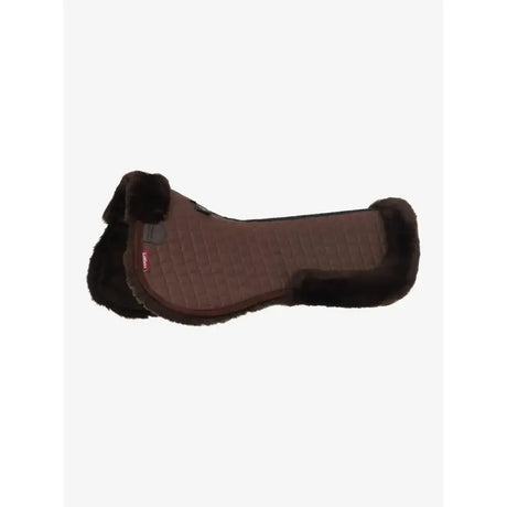 Brown lemieux merino+ half pad with natural australian merino sheepskin lining and dark fur trim quilted design