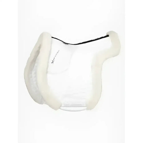 White sheepskin saddle pad with black trim and subtle logo for lemieux merino+ hunter saddle pad white white