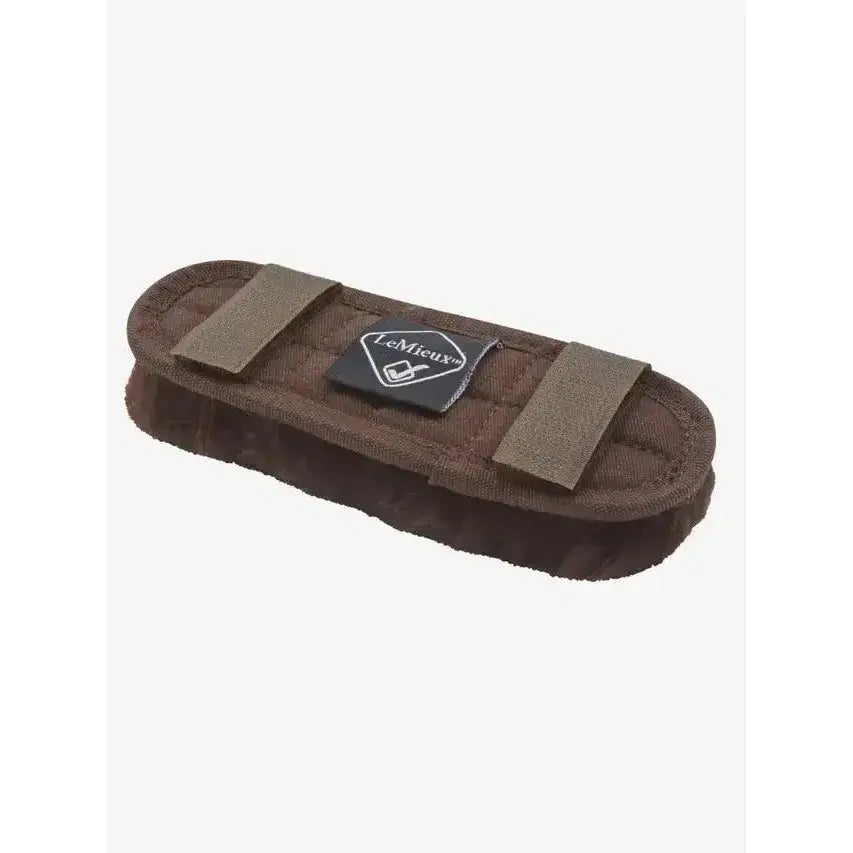 Brown lemieux merino+ noseband guard with reinforced fabric and velcro fasteners for horse bridle strap