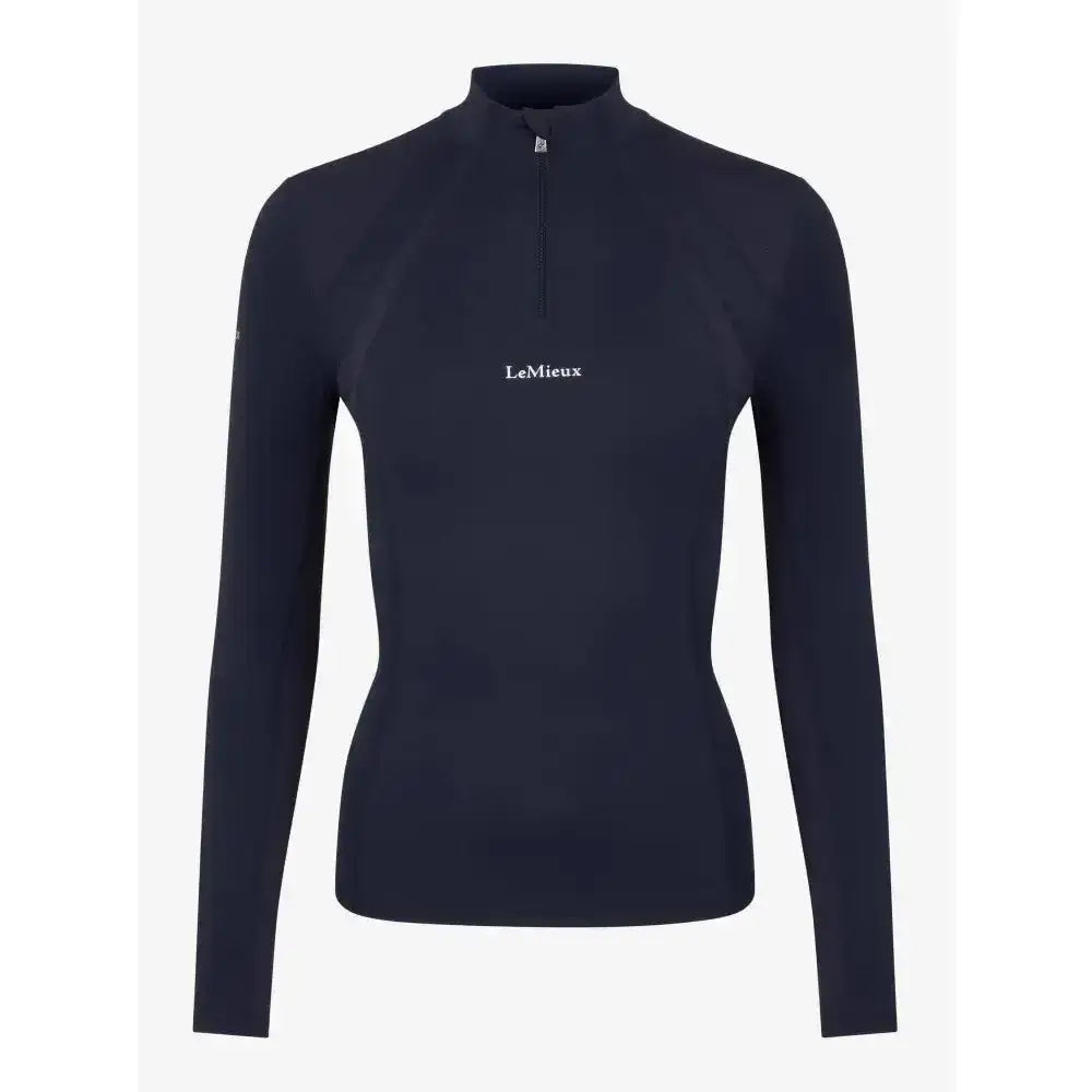 Navy blue lemieux mia mesh long sleeve base layer with half zip and white embroidered logo on chest