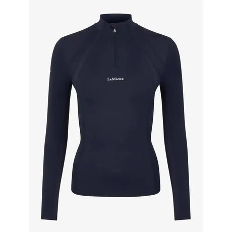 Navy blue lemieux mia mesh long sleeve base layer with half zip and white embroidered logo on chest