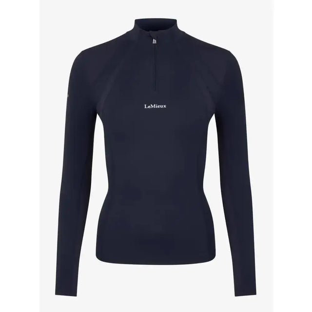 Navy blue lemieux mia mesh long sleeve base layer with half zip and white embroidered logo on chest
