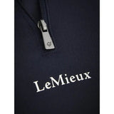 Navy lemieux mia mesh long sleeve base layer zip-up jacket with silver zipper and white embroidered logo