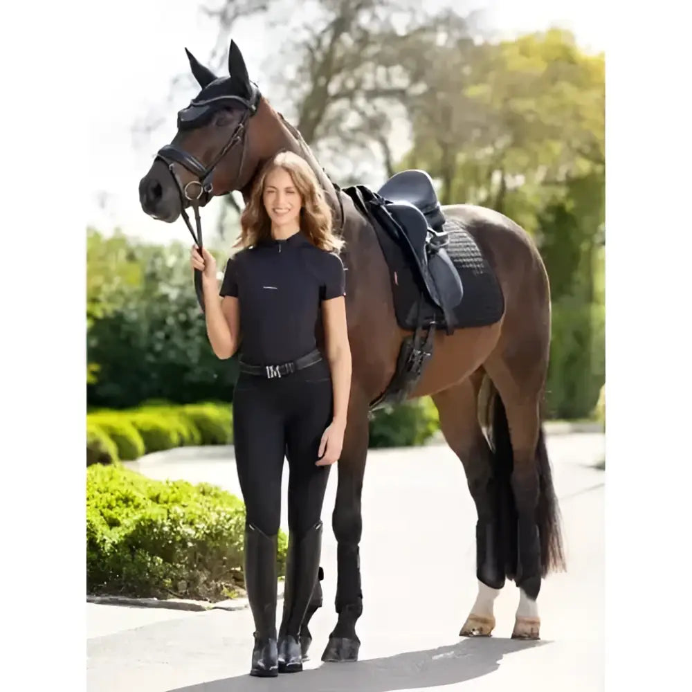 Black lemieux mia mesh short sleeve base layer with fitted top and high waisted pants for riding
