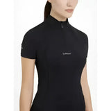 Black lemieux mia mesh short sleeve base layer with high collar and half zip featuring lemieux logo on chest
