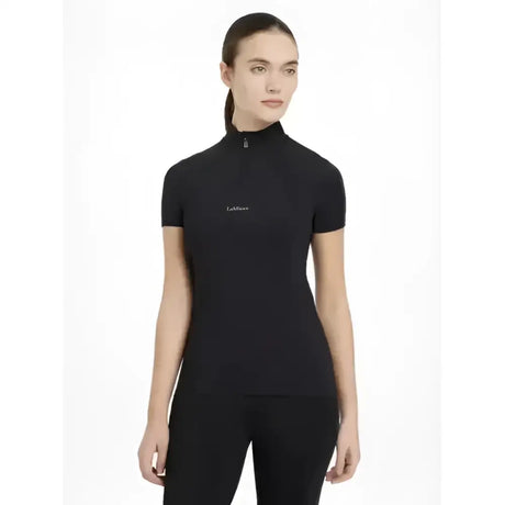 Black lemieux mia mesh short sleeve base layer with high collar zipper and subtle white chest embroidery