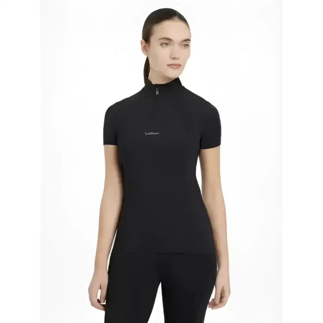 Black lemieux mia mesh short sleeve base layer with high collar zipper and subtle white chest embroidery