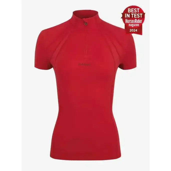 Red short sleeve base layer cycling jersey lemieux mia mesh with half zip collar and subtle chest logo