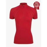 Red short sleeve base layer cycling jersey lemieux mia mesh with half zip collar and subtle chest logo