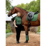 A brown horse wearing a black bridle and lemieux mia mesh short sleeve base layer hunter green with green saddle pad and leg wraps