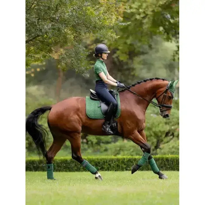 A sleek chestnut horse wearing green protective leg wraps and a lemieux mia mesh short base layer hunter green saddle pad