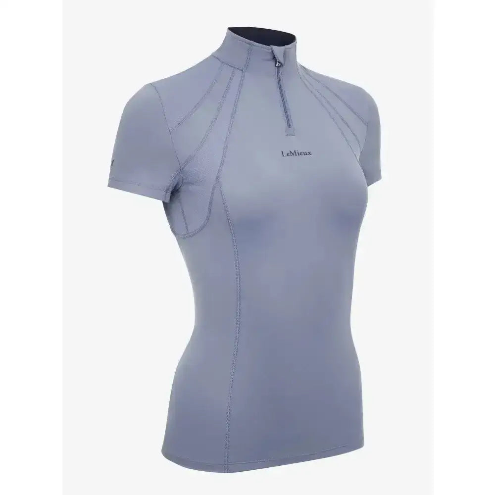 Light gray lemieux mia mesh short sleeved base layer jay blue with high collar and zipper detail for performance