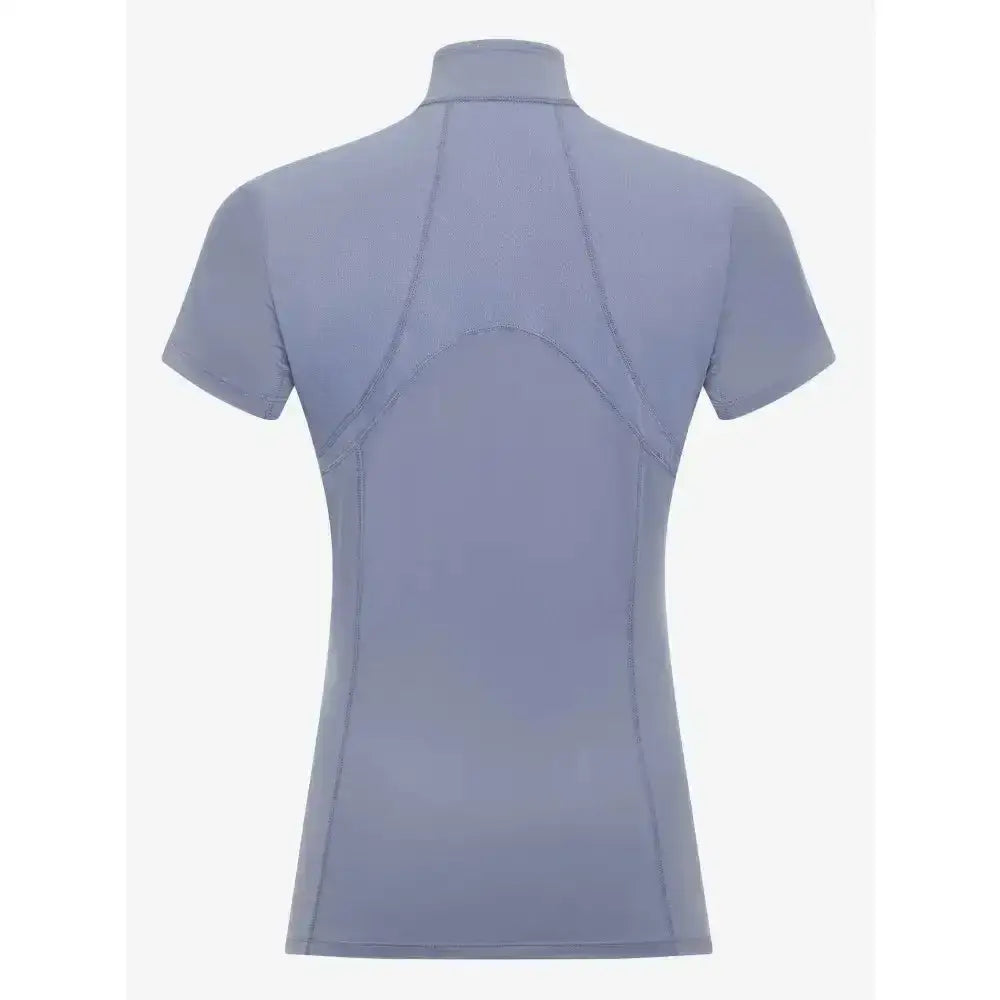 A sleek light gray lemieux mia mesh short sleeve base layer jay blue top with high collar and subtle seam detailing