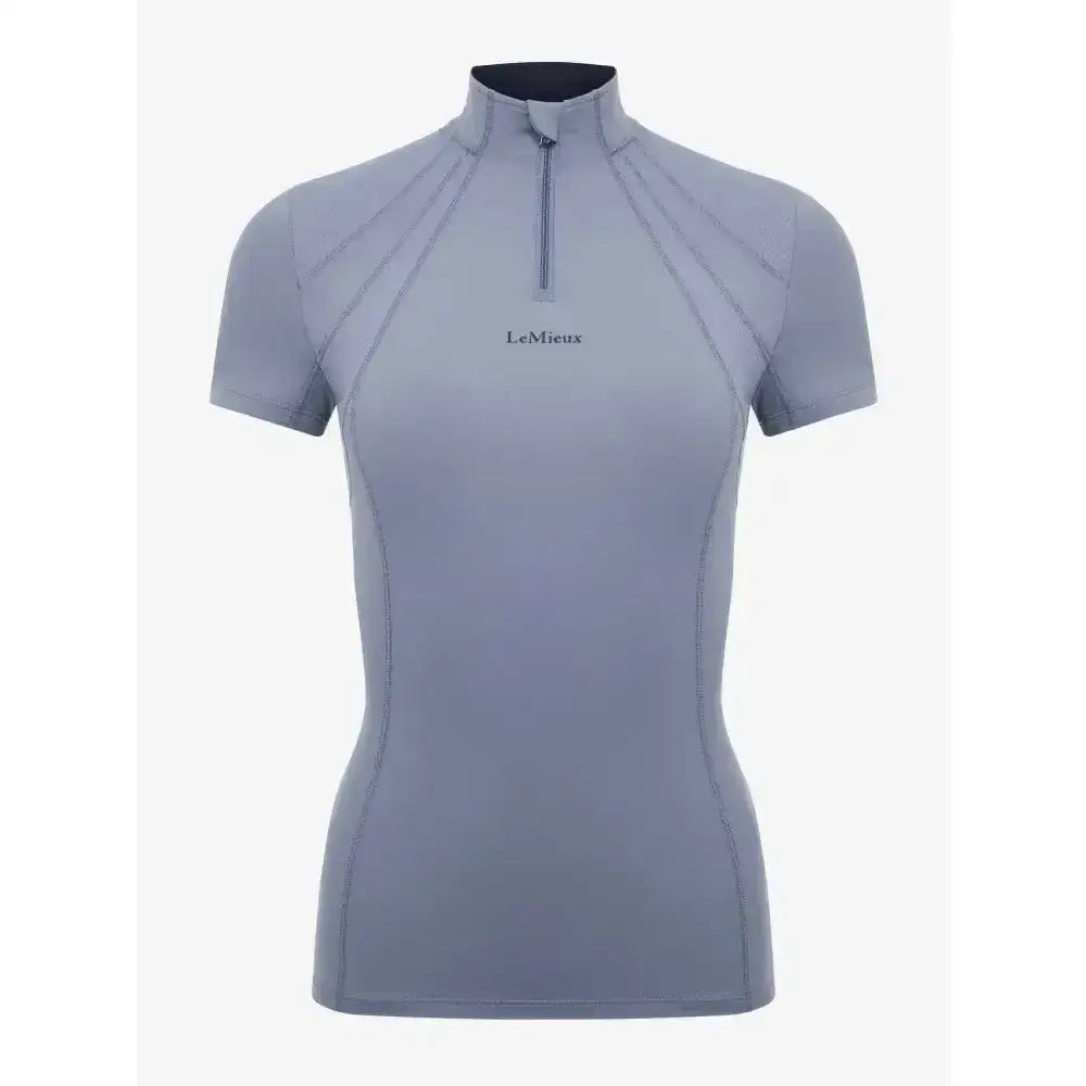 A sleek light gray lemieux mia mesh short sleeve base layer jay blue top with high collar and quarter-zip closure