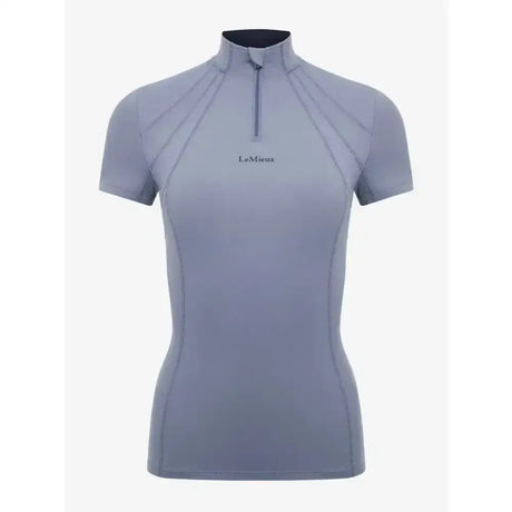 A sleek light gray lemieux mia mesh short sleeve base layer jay blue top with high collar and quarter-zip closure