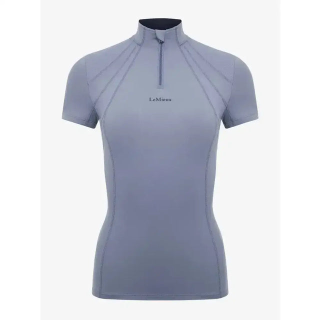 A sleek light gray lemieux mia mesh short sleeve base layer jay blue top with high collar and quarter-zip closure