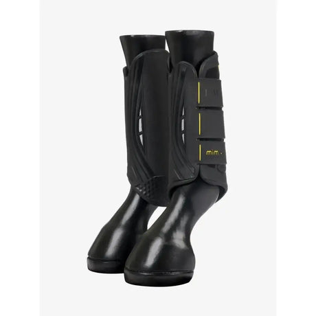 Black lemieux mimsafe xc boot hind with yellow stitching and adjustable straps for horse leg protection