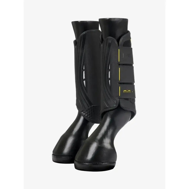 Black lemieux mimsafe xc boot hind with yellow stitching and adjustable straps for horse leg protection