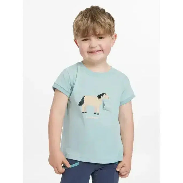 Light blue kids lemieux mini alex tee with short sleeves and printed horse design perfect for casual wear