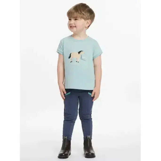 Light blue short sleeved lemieux mini alex tee with a printed horse design in alex tee aqua style