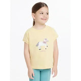 Soft yellow lemieux mini alex tee featuring a cute white and gray cartoon horse graphic and lambs text below